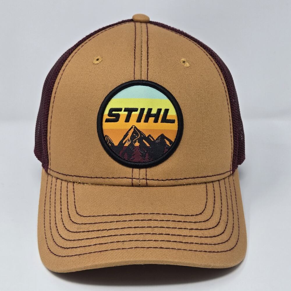 STIHL Trucker Hat Tan Maroon Snapback Cap Mountain Patch Logo Outdoor